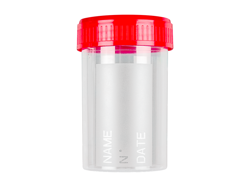Contentor de urina 60ml, PP, tampa roscada vermelha, com faixa fosca, estéril, packs individuais
